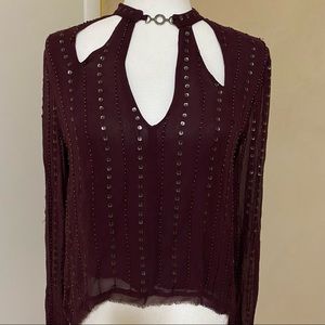 Free People Young Love Maroon Sequins Cut Out Choker Neck Boho Top